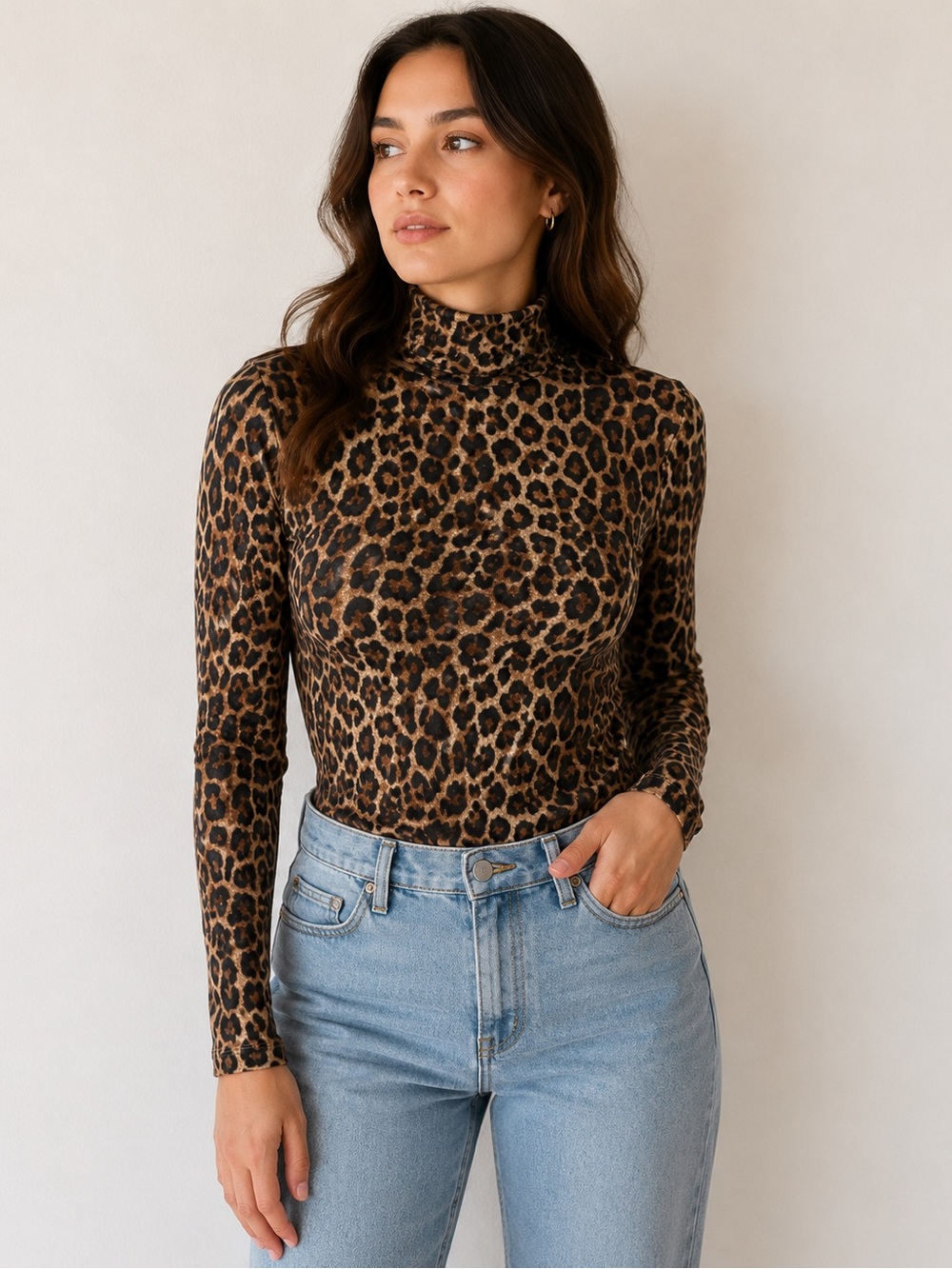 H&M Leopard Print Turtleneck Long Sleeve Top